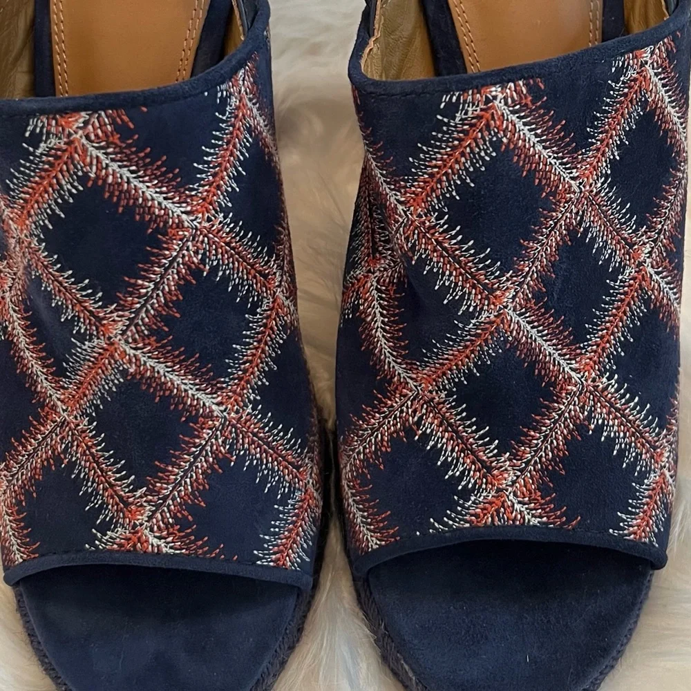 NEW Tory Burch Trinity Embroidered Navy Espadrille Heeled Slingback Sandal